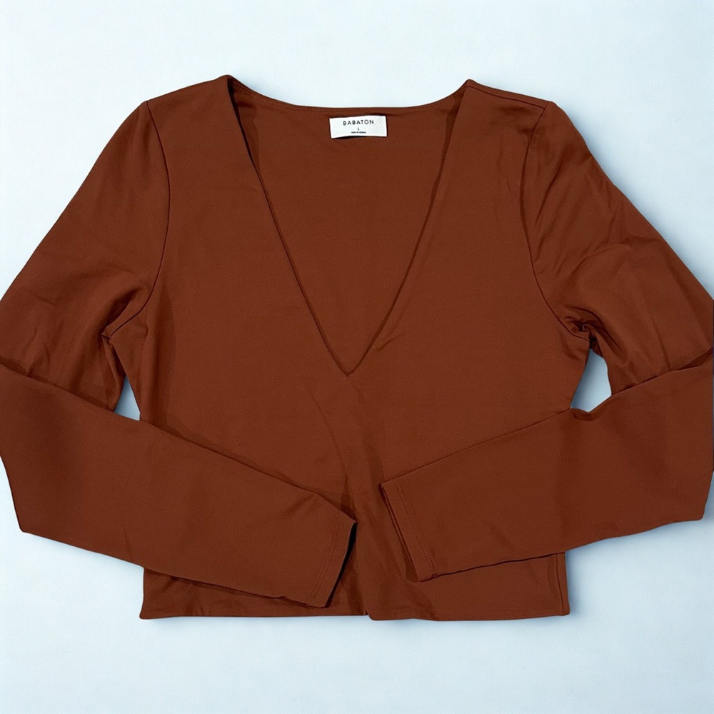 Aritzia Babaton Brown V-Neck Cropped Long Sleeve Top Size L Normcore Basics